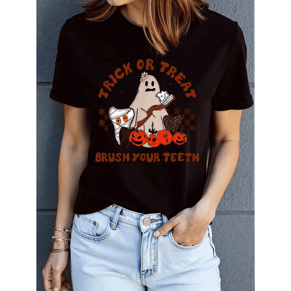 Funny Halloween Women's T-Shirt - Ghost and Pumpkin Trick or Treat Design