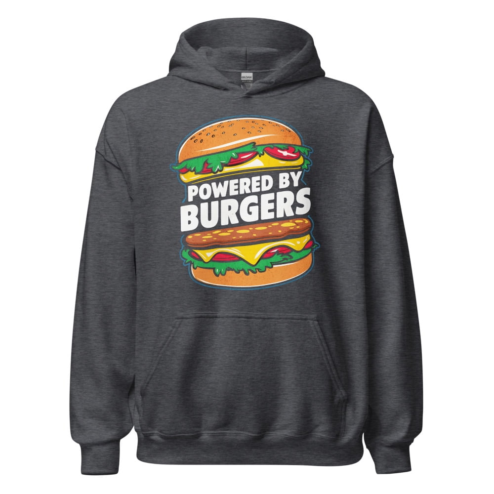 Funny Hamburger Lover Unisex Hoodie, Powered By Burgers (Dark Heather ...