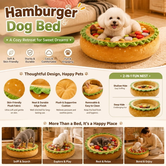 Funny Hamburger Shaped Pet Bed, Soft Plush Small Cute and Warm Cozy Food Dog Cat Bed, Washable Pet Mat, Round Pet Rest Bed for Small Medium Dogs Indoor Daily