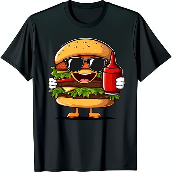 Funny Hamburger T-Shirt Black Tee with Cartoon Burger in Sunglasses & Ketchup