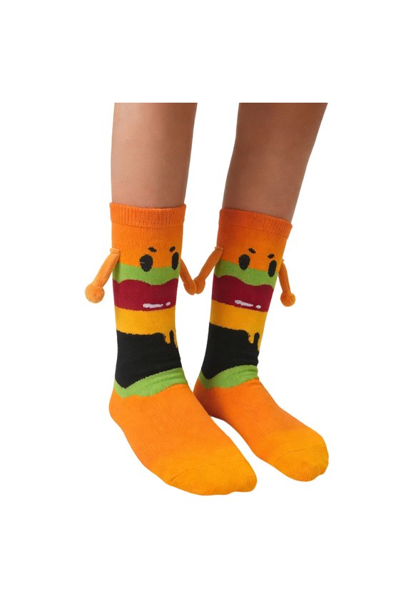 Funny Hand Holding Socks for Women Couple Cartoon Hamburger Print Middle Tube Socks Birthday Party Gift
