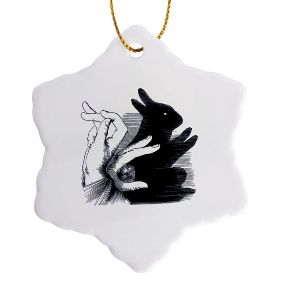 3drose, Funny Hand Shadows Design with Bunny Rabbit Shadow, 3 inch Snowflake Porcelain Ornament