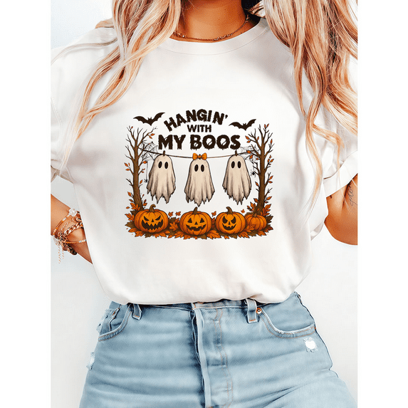 Funny Hanging Ghosts Graphic Tees Hangin' With My Boos Design Print Tops Short Sleeve Casual Halloween T-shirts Cotton Shirts White,M