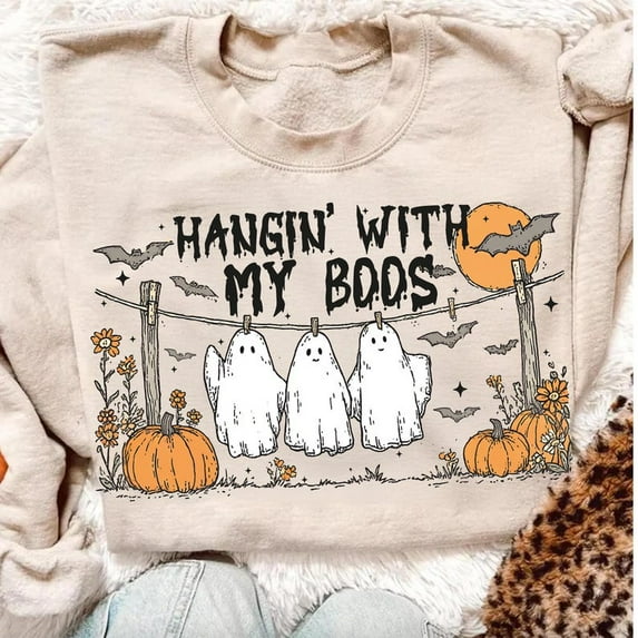 Funny Hanging Ghosts Halloween Sweatshirt, Hangin’ With My Boos Crewneck, Cute Pumpkin and Bat Pullover
