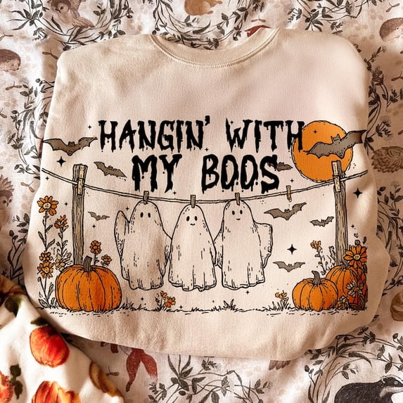 Funny Hanging Ghosts Halloween Sweatshirt, Hangin’ With My Boos Shirt, Cute Pumpkin Bat Shirt, Halloween Shirt, Halloween Gifts