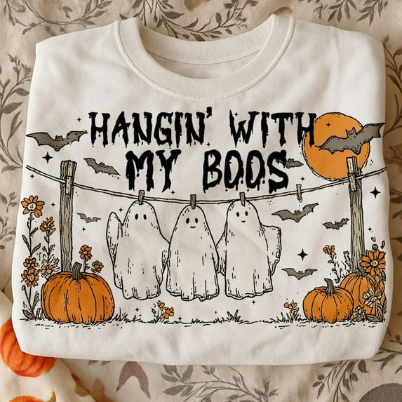 Funny Hanging Ghosts Halloween T-shirt, Hangin’ With My Boos Shirt, Cute Pumpkin Bat TH040616