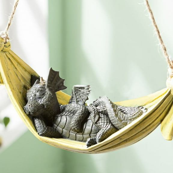 Funny Hanging Hammock Swing Dinosaur Statues,Hanging Sleeping Dragon Sculptures, Sleepy Dragon in Swing Leaf Hammock Resin Ornaments Figurines for Patio Lawn Yard Balcony Indoor (Yellow)