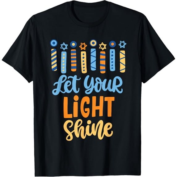 Funny Hanukkah Let Your Light Shine Menorah Adults Kids T-ShirtMen and women, Black T-shirt, size: Extra large S-4XL