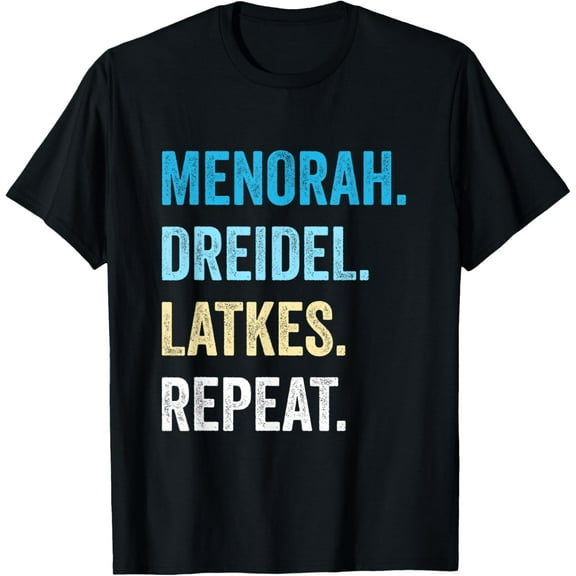 Funny Hanukkah Menorah Dreidel Latkes Repeat Jewish Chanukah T-Shirt