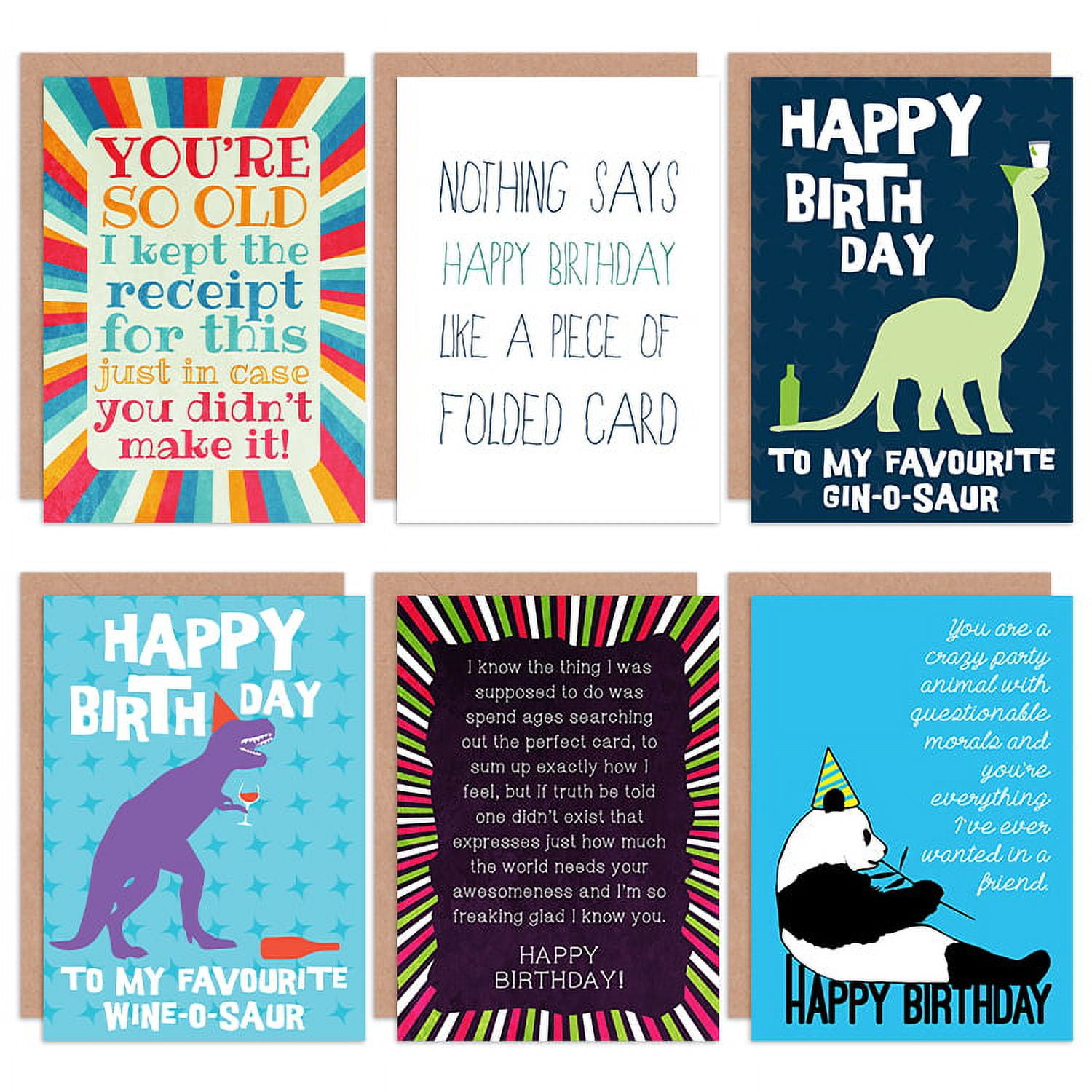 Funny Happy Birthday Friends BFF Wine Gin O Saur All Occasions Various Assorted Blank Greeting Cards With Envelopes Pack of 6