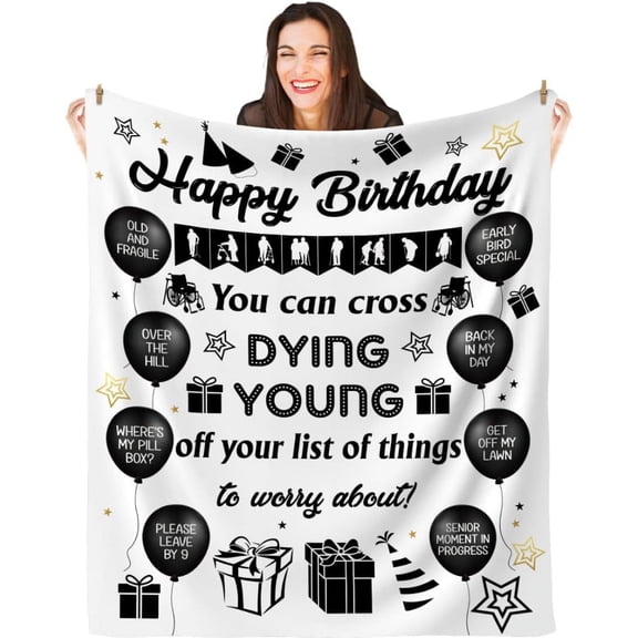 Funny Happy Birthday Throw Blanket for Men & Women | Unique Over the Hill Adult Gag Gift Idea for 30th, 40th, 50th, 60th, 70th, 80th, 90th | Cool Novelty Old People or Coworker Best Friend Bday Gifts