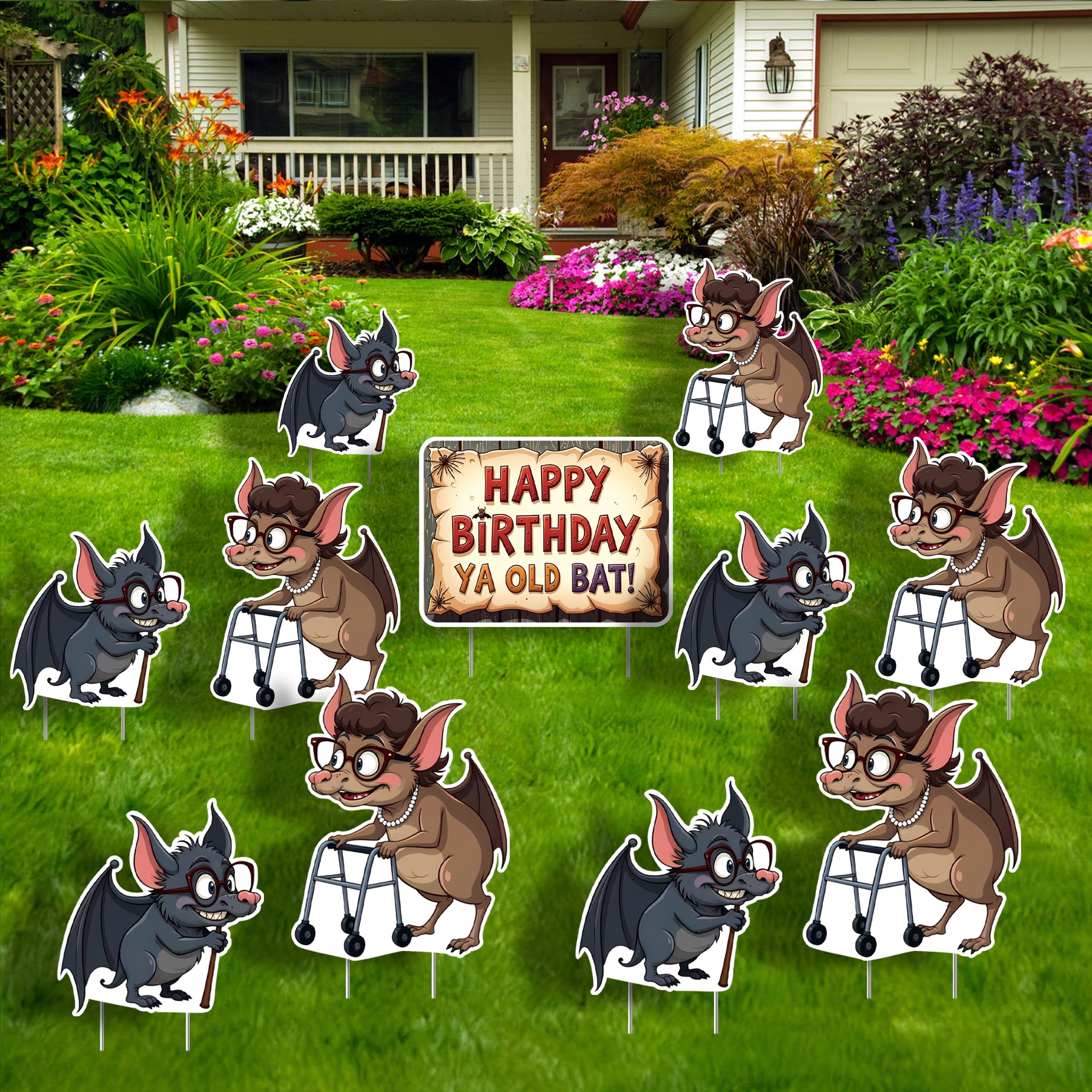 Funny Happy Birthday Yard Sign with Stakes – "Happy Birthday Ya Old Bat!" – 11-Piece Outdoor Decoration, Waterproof & Reusable