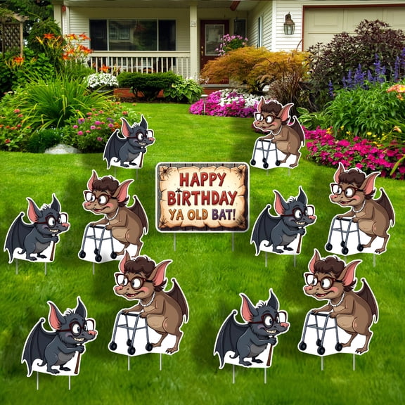 Funny Happy Birthday Yard Sign with Stakes – "Happy Birthday Ya Old Bat!" – 11-Piece Outdoor Decoration, Waterproof & Reusable