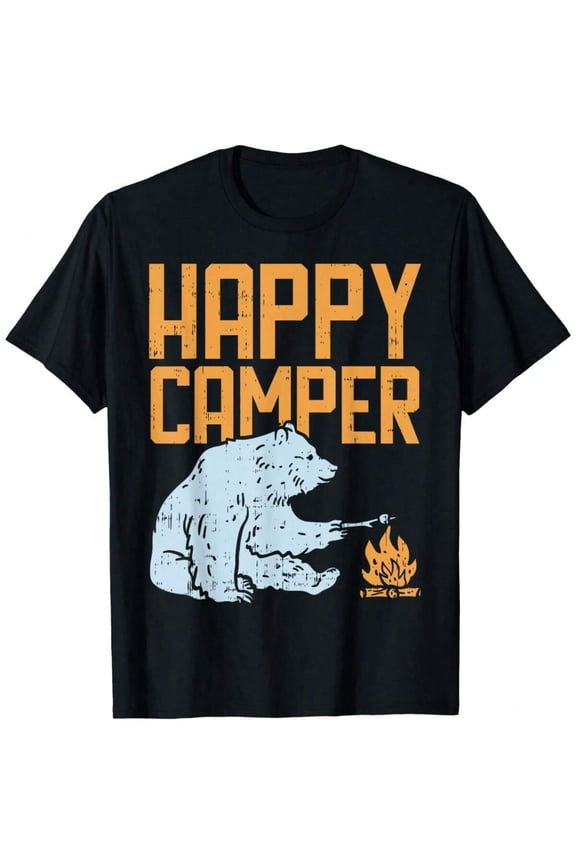 Funny Happy Camper Bear Men's T-Shirt, Humor Camping Short Sleeve Tee For Men, Men's Top Shirts Vacation Gift For Him, Boyfriend