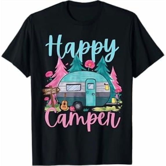 Greenink Funny Happy Camper Camping Apparel Trailer RV Men Women T-Shirt