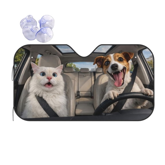 Funny Happy Dog and Shocked Cat Car Windshield SunshaFde, Cute Meme Print Foldable Auto Sunshade Visor, UV Heat Block Protector for Car SUV Truck, Universal Fit