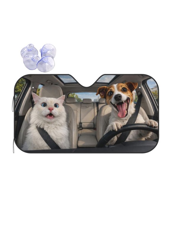 Funny Happy Dog and Shocked Cat Car Windshield SunshaFde, Cute Meme Print Foldable Auto Sunshade Visor, UV Heat Block Protector for Car SUV Truck, Universal Fit