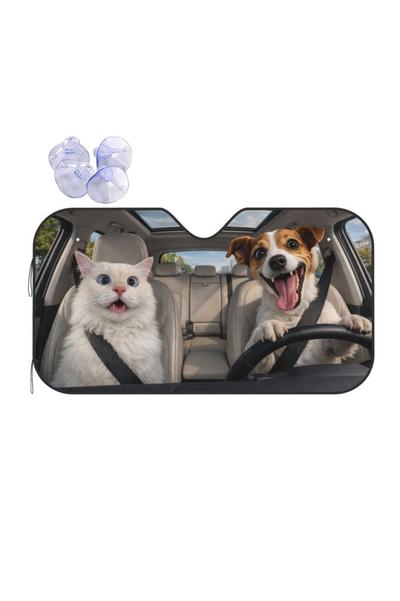 Funny Happy Dog and Shocked Cat Car Windshield SunshaFde, Cute Meme Print Foldable Auto Sunshade Visor, UV Heat Block Protector for Car SUV Truck, Universal Fit