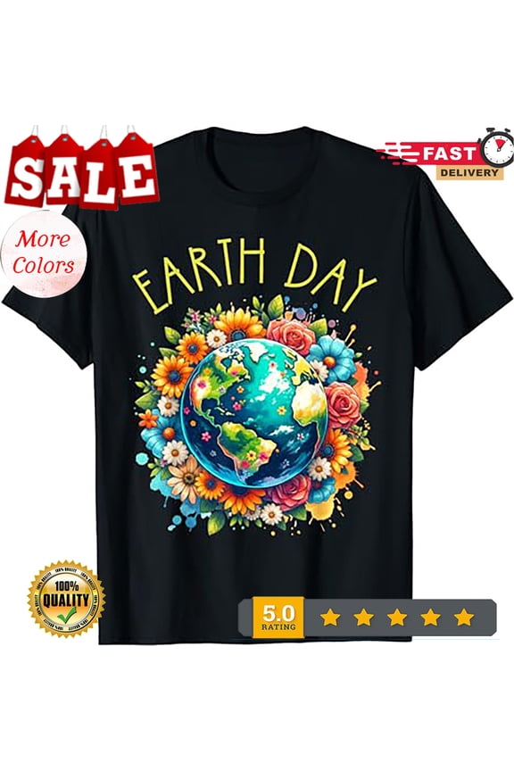 Funny Happy Earth Day Shirt Cute Earth With Floral Earth Day 2024 T-Shirt S-5XL