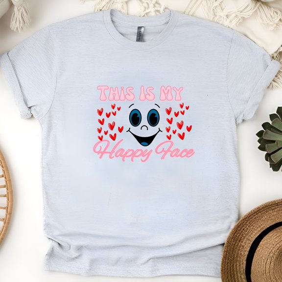 Funny Happy Face Cartoon Graphic T-Shirt for Adults Unisex Tee, Ash, Size M