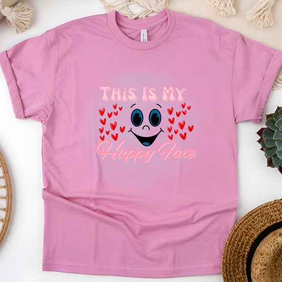 Funny Happy Face Cartoon Graphic T-Shirt for Adults Unisex Tee, Azalea, Size S