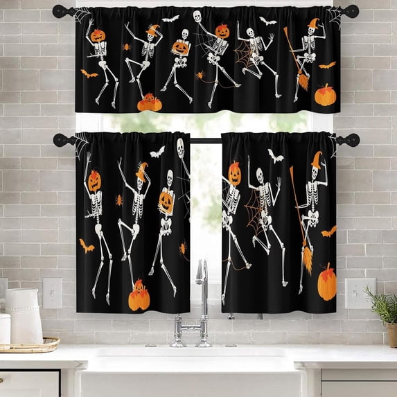Funny Happy Halloween Kitchen Curtains Window Curtains and Valances Set 36 Inch, Skeleton Pumpkin Bat Spider Web Short Tier Curtain for Kitchen, Funny Small Kitchen Decor