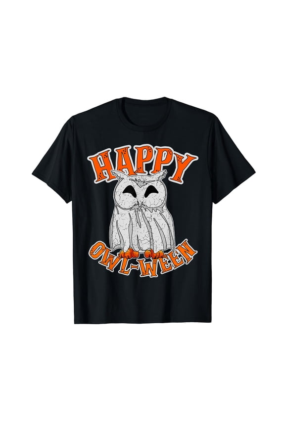 Funny Happy Owl-Ween Halloween Ghost Owl Lovers Crew Neck Black T-Shirt
