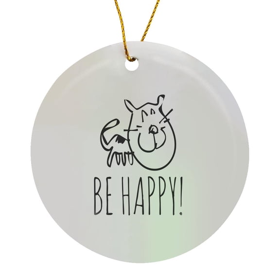 3drose, Funny, Happy, Smiling Cat. Black Text Be Happy on White Background, Circle Porcelain Ornament