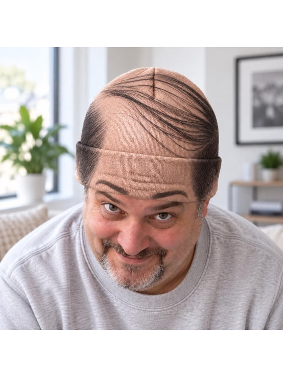 Funny Hat Men Realistic Hair Print Novelty Halloween Head Beanie Funny Bald Hat 3D Printed Hair Knit Cap Funny Realistic Bald-Head Illusion Beanie