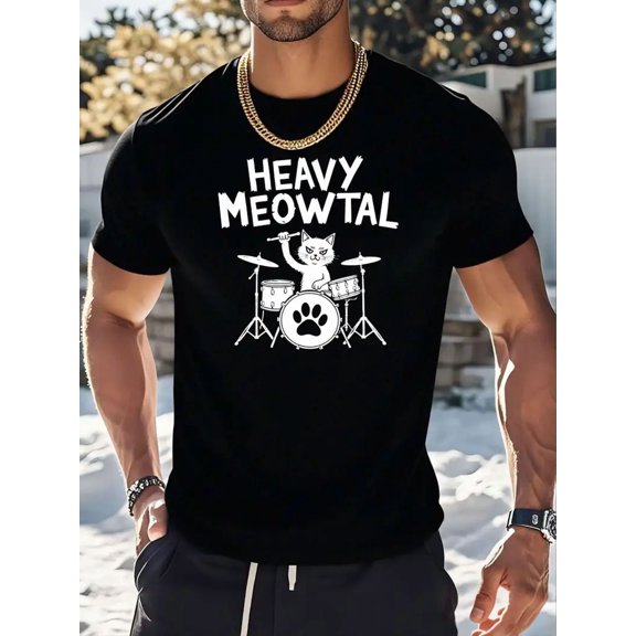 Funny Heavy Meowtal Cat Drummer for Men Short Sleeve Comfortable Tee Shirt