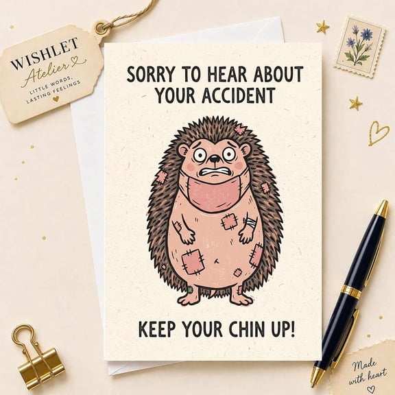 Funny Hedgehog Get Well Card - Sorry to Hear About Your Accident - Uplifting Message for Friend, Family Member, Loved One