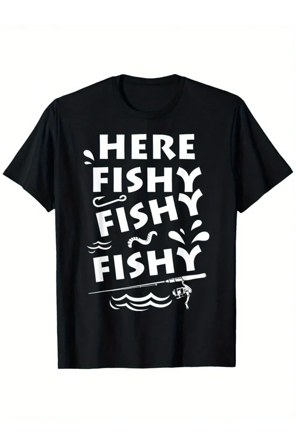 Funny Here Fishy Fishy Fishy Fishing Graphic T-Shirt, Men's Short Sleeve Cotton Tee