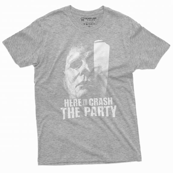 Funny Here To Crash The Party Shirt Halloween Movie Inspired Shirt Serial Killer Shirt Horror Tee (3X-Large Grey)