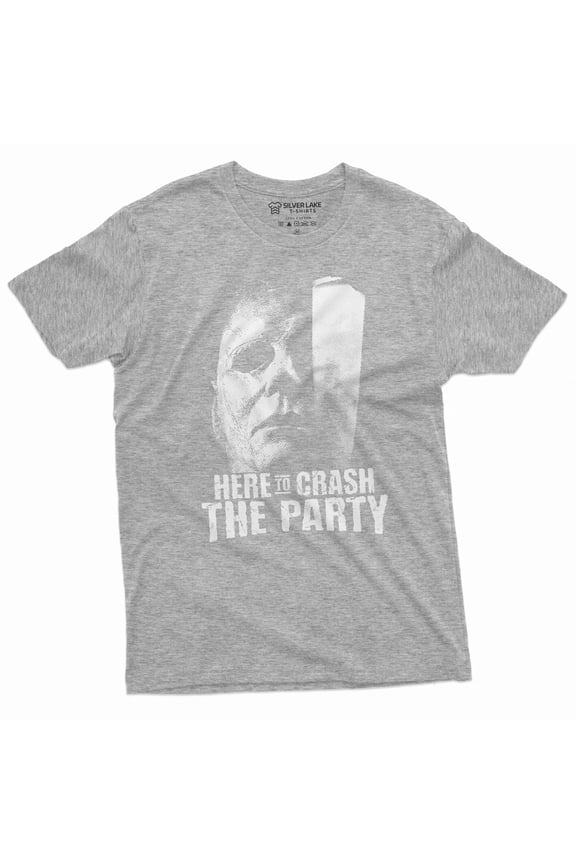 Funny Here To Crash The Party Shirt Halloween Movie Inspired Shirt Serial Killer Shirt Horror Tee (Small Grey)