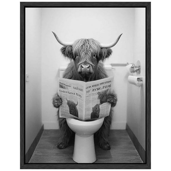 Funny Highland 11x14in Framed Cow Animal Framed Wall Art Toilet Room Decor Black Cute Bathroom Prints Rustic Canvas Painting Farmhouse Guest Artwork
