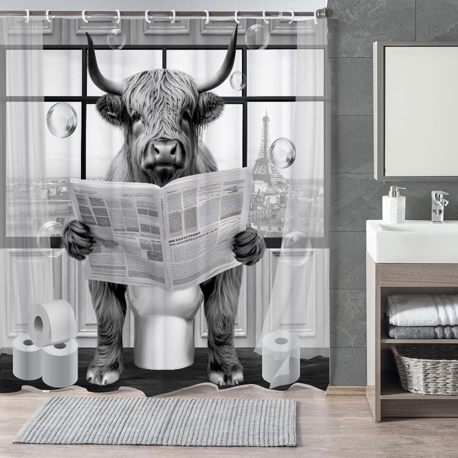 Funny Highland Cattle Cow Bull Shower Curtain, Black and White Cattle Reading Newspaper on Toilet Shower Curtains Set, Humor Western West Farmhouse Shower Curtains with Hooks 36x72inch