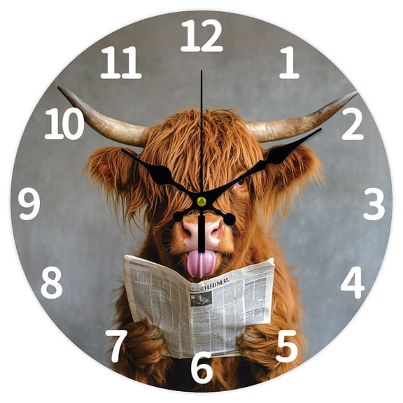 Funny Highland Cattle Sticking Out Tongue Wall Clock 12 Inch Battery Operated Wall Clocks Newspaper Non Ticking Silent Clocks Decorative Clock for