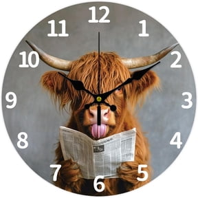 Funny Highland Cattle Sticking Out Tongue Wall Clock 12 Inch Battery Operated Wall Clocks Newspaper Non Ticking Silent Clocks Decorative Clock for Living Room Office Bedroom Decor 1pc