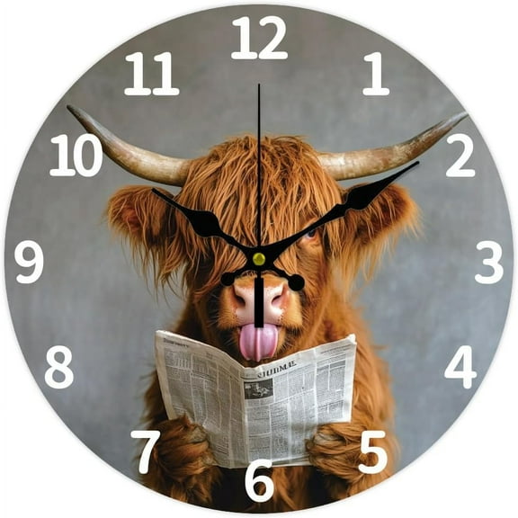 Funny Highland Cattle Sticking Out Tongue Wall Clock 12 Inch Battery Operated Wooden Wall Clock Newspaper Non Ticking Silent Wall Clock Decorative Clock for Living Room Office Bedroom Decor