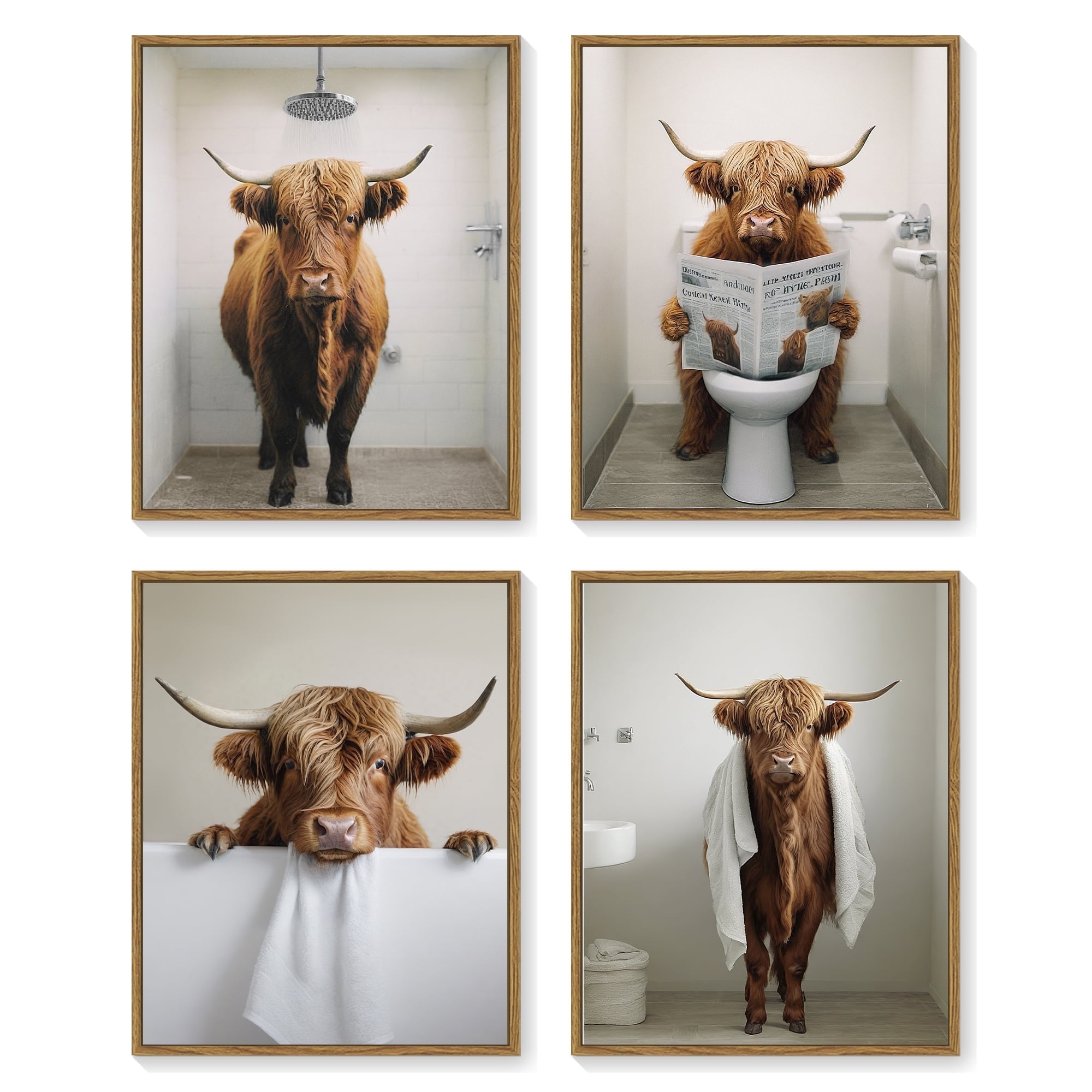 Funny Highland Cow 11x14in4pcs Bathroom Wall Art Framed Rustic Cute ...