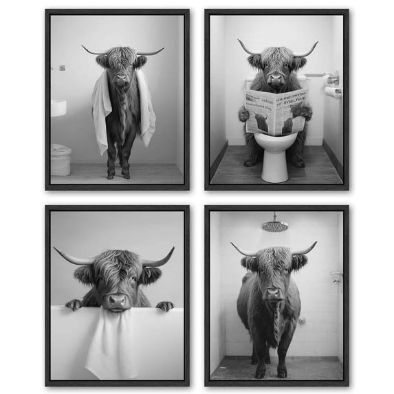 Funny Highland Cow 11x14inx4pcs Framed Wall Art Framed Black and White Rustic Cute Bathroom Canvas Prints for Bathroom Restroom Decor