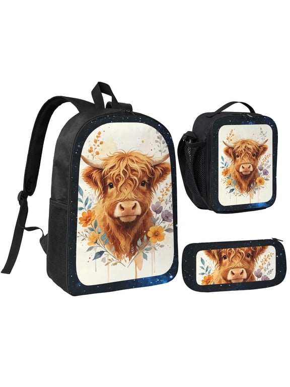 Funny Highland Cow Backpack Gifts for Women Men Adults Cow Lovers Floral Highland Cows Backpacks 3 Piece Set With Lunch Box for Office Picnic Work Birthday