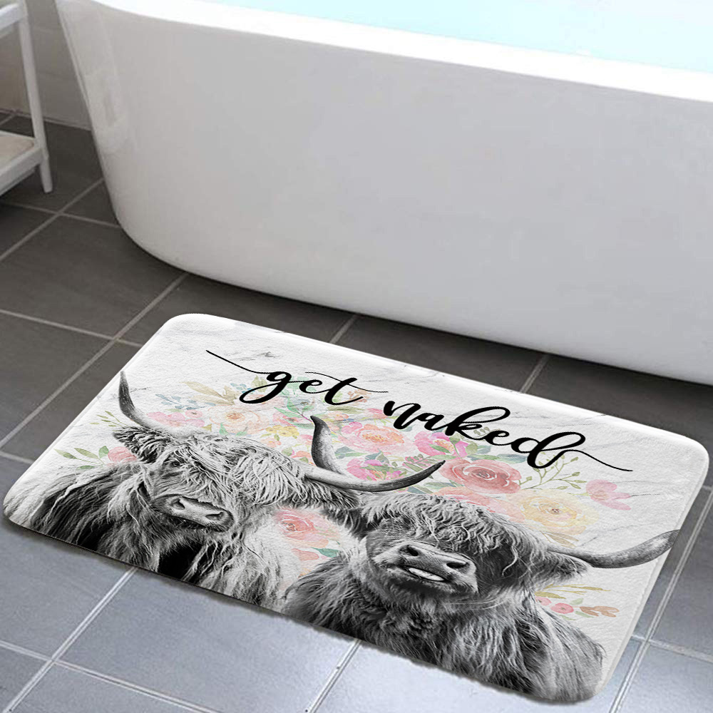 Funny Highland Cow Bath Mat, Farmhouse Western Cattle Bull on Grey