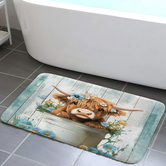 Funny Highland Cow Bath Rugs Mat, Cute Farmhouse Teal Floral Western Wood Animal Bath Mats for Bathroom, Country Rustic Turquoise Bathroom Accessories rug Soft Non Slip, 17X29IN