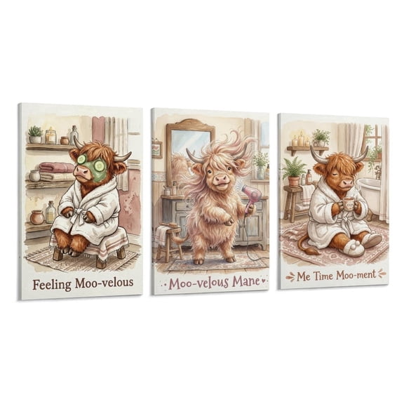 Funny Highland Cow Bathroom Decor Wall Art Set of 3 - Cute Spa Day Self Care Animal Canvas Wall Art, Rustic Farmhouse Bathroom Pictures Wall Decor, Ready to Hang Framed Cow Decor for Restroom