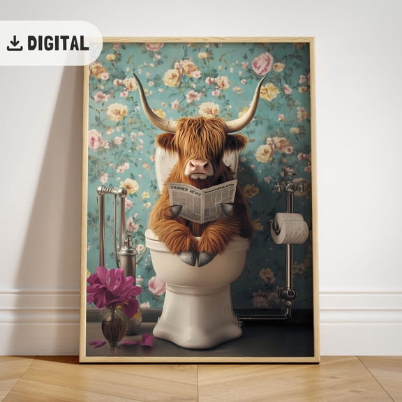 Funny Highland Cow Bathroom Print, Highland Cow Toilet Wall Art, Vintage Farmhouse Decor, Quirky Toilet Animal Maximalist Decor Wc #672, Unframed Poster Size 16x24