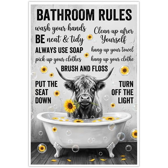 Funny Highland Cow Bathroom Rules Wall Art Rustic Farmhouse Sunflower Decor
