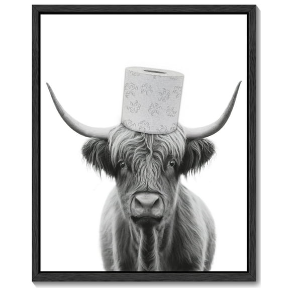 Funny Highland Cow Bathroom Wall Art 11x14in Framed Black and White Rustic Cute Bathroom Canvas Prints for Bathroom Restroom Decor