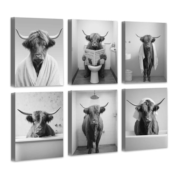 Funny Highland Cow Bathroom Wall Art 8x10in6pcs Framed Black and White Rustic Cute Canvas Prints for Bathroom Restroom Decor