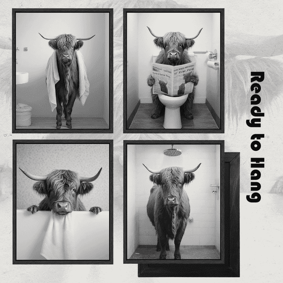 Funny Highland Cow Bathroom Wall Art Framed Black and White Rustic Cute Bathroom Canvas Prints for Bathroom Restroom Decor 8x10inx4pcs (Framed)
